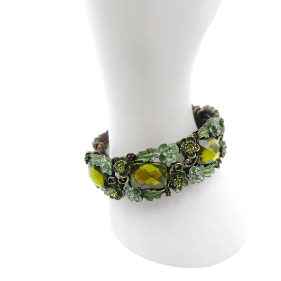 Green Prystal Enamel Flower Open Cuff Bangle Bracelet Vintage - Picture 2 of 6